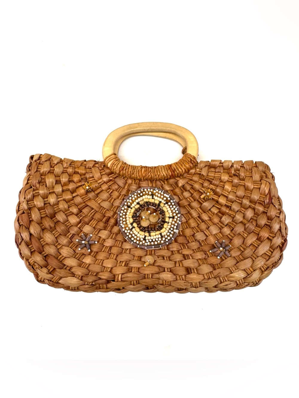 A. Giannetti Vintage Corn Husk Woven Straw Handbag Leopard Print Beaded Boho